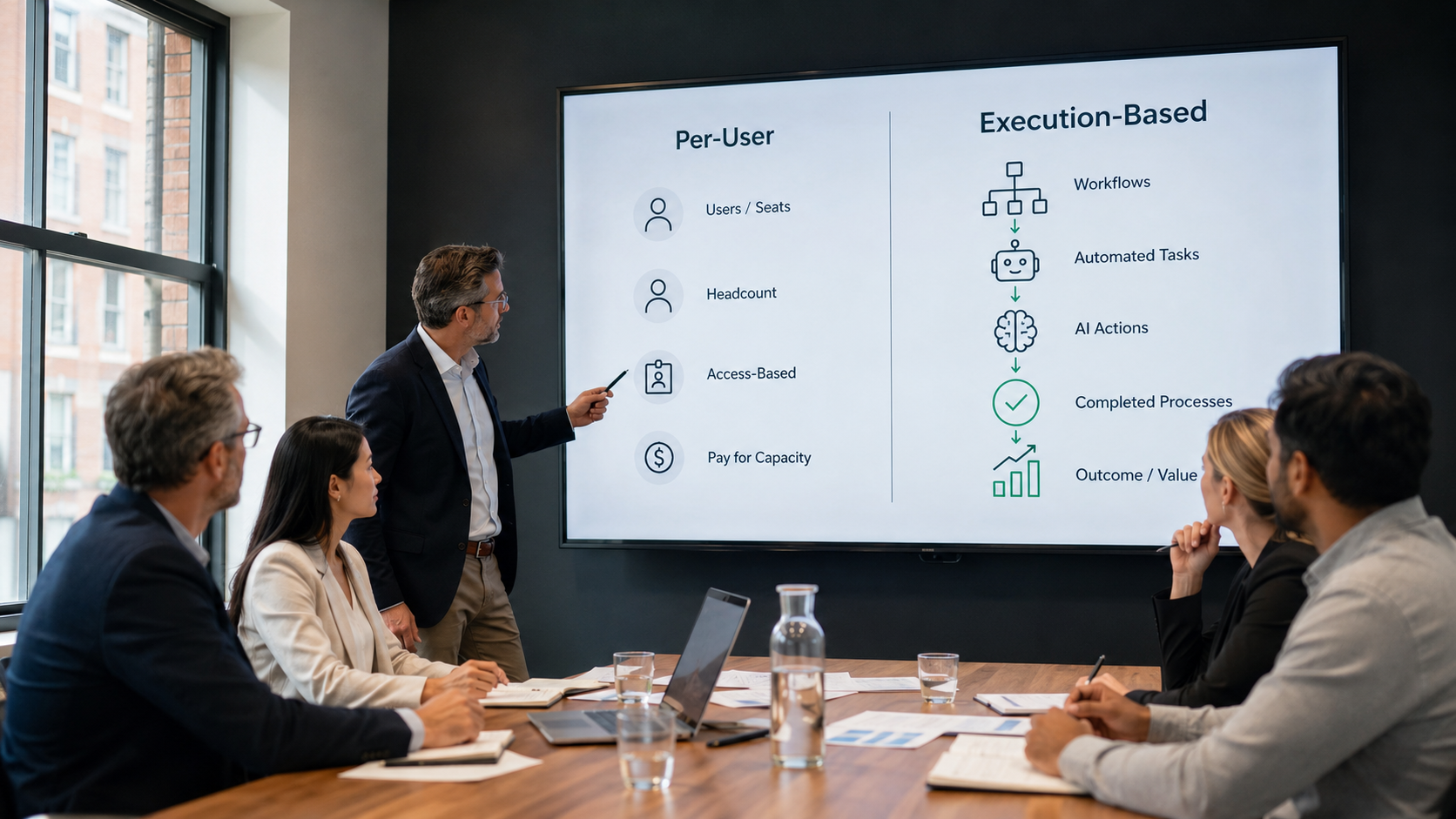 Business leaders reviewing a screen comparing per-user SaaS pricing with execution-based CRM pricing, AI actions, workflows and business outcomes.