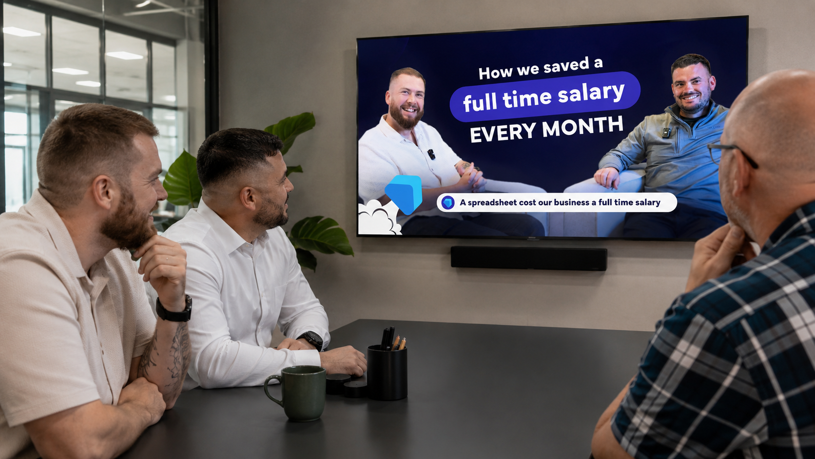 Image shows Laurie, Ollie and Steve from Collier Pickard around a TV screen looking at a video thumbnail for Practical CRM Cost-Benefit Analysis