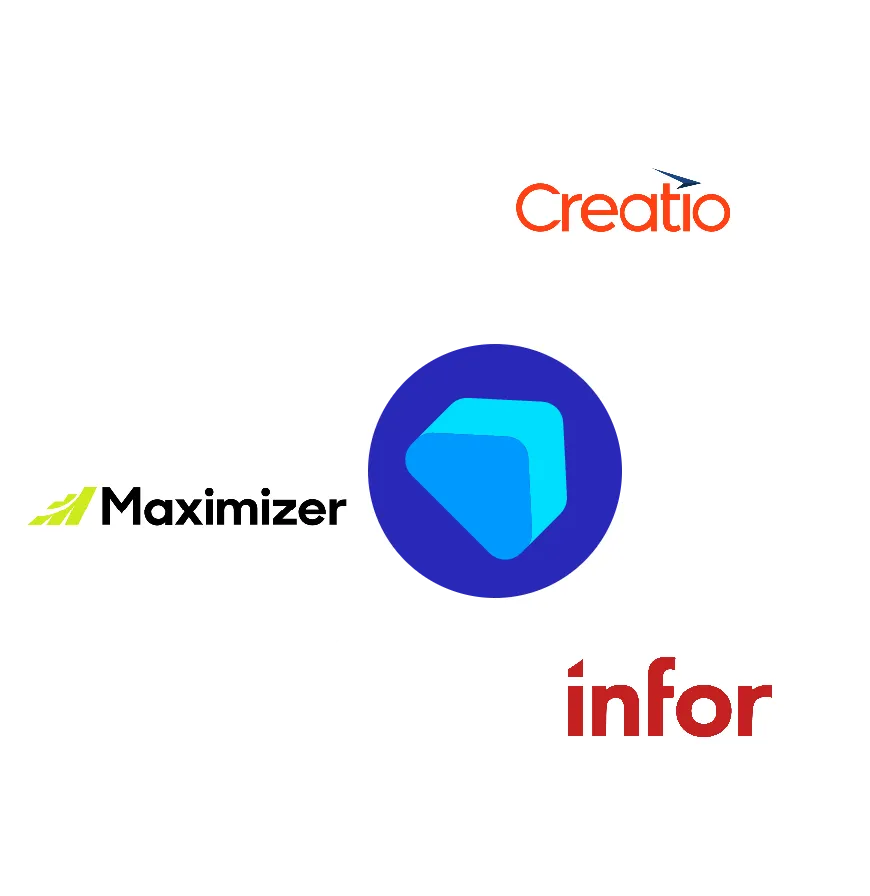 Trio of crm solutions around the collier pickard logo - Creatio, Maximizer and Infor